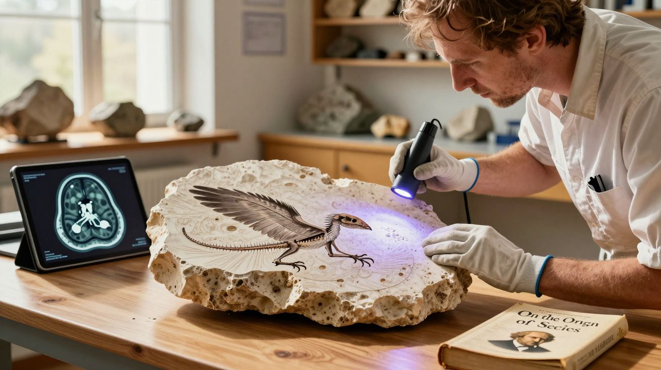 Homem analisa fóssil de réptil com uma lanterna UV numa mesa com livro e ecrã digital ao lado.