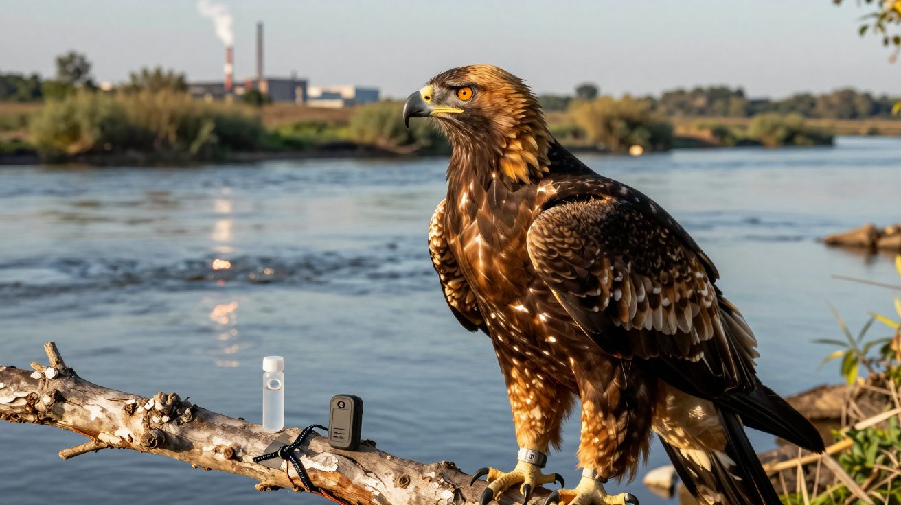 Águia de penacho dourado com anilha no bico pousada num ramo junto a um rio, com equipamento de rastreamento.