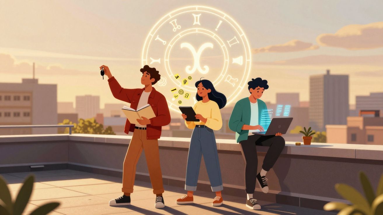 Três jovens num terraço ao pôr do sol com objetos digitais e um símbolo zodiacal brilhante ao fundo.