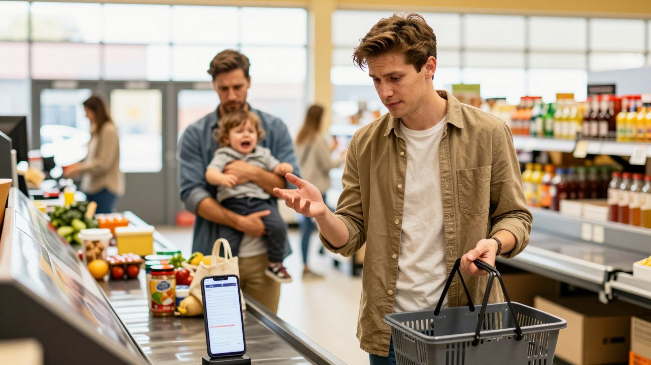Homem no supermercado consulta smartphone enquanto segura um cesto de compras, com outra pessoa a segurar uma criança a fundo
