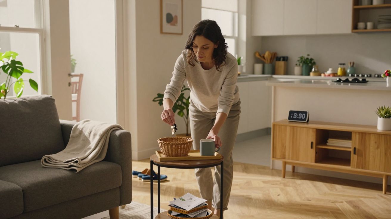 Mulher organiza mesa de centro numa sala de estar moderna e luminosa com sofá e cozinha ao fundo.