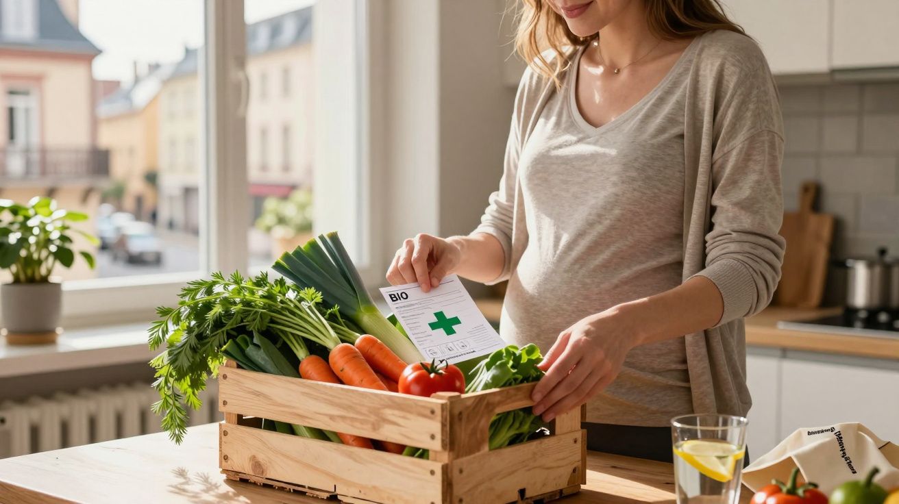Mulher grávida na cozinha com caixa de vegetais frescos e rótulo bio em ambiente iluminado.