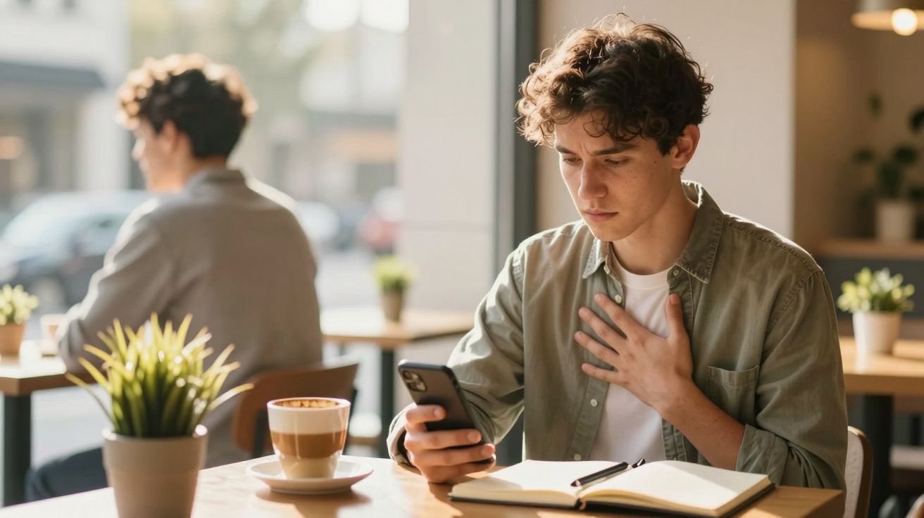 Homem jovem preocupado lê mensagem no telemóvel sentado numa mesa com café e caderno num café.