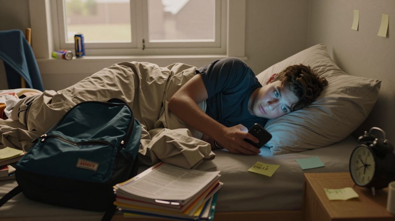 Jovem deitado na cama a olhar para o telemóvel, rodeado de livros, mochila e notas autocolantes no quarto.