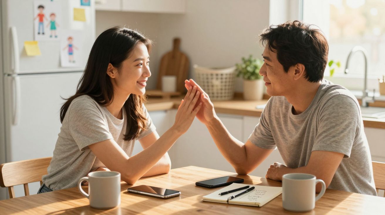 Casal sorridente a dar um high five numa cozinha com canecas, telemóveis e bloco de notas na mesa.