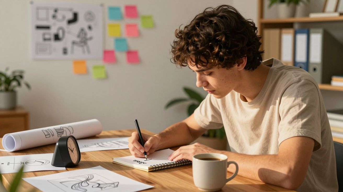 Jovem sentado a desenhar num caderno com caneca de café, relógio e desenhos numa mesa de madeira.