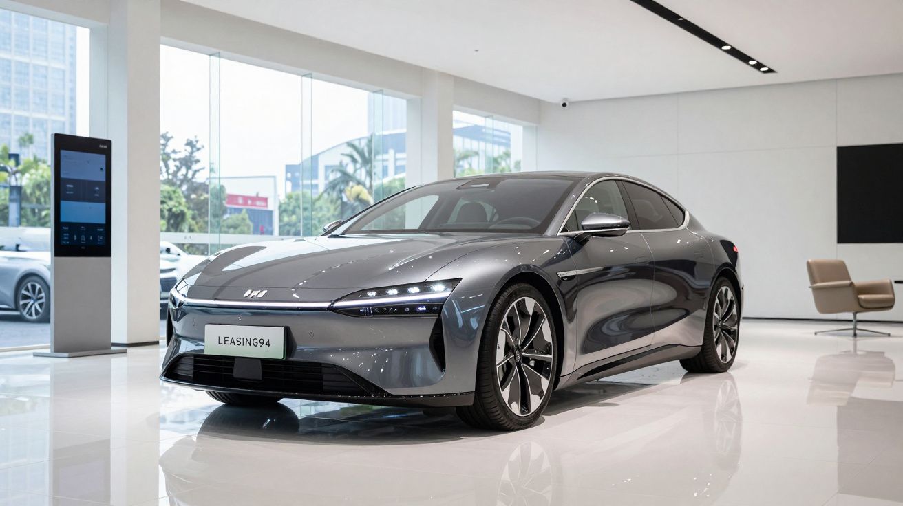 Carro eléctrico cinza brilhante exposto em sala de showroom com janelas amplas e cadeiras modernas.