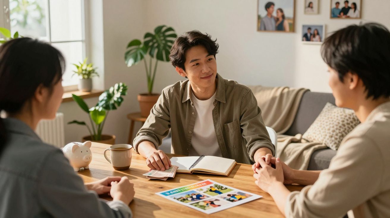Jovem casal a receber aconselhamento financeiro de um consultor numa sala acolhedora com plantas e fotos na parede.