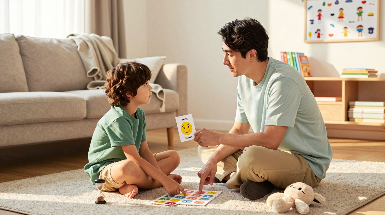 Pai e filho sentados no chão a jogar um jogo educativo com cartões de emoções numa sala iluminada.