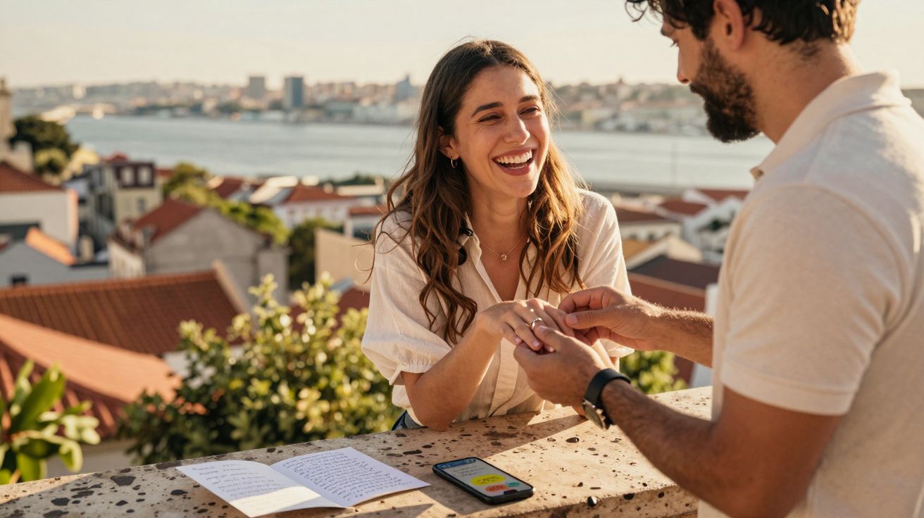 Homem a colocar anel no dedo de mulher sorridente com vista para cidade e rio ao fundo.