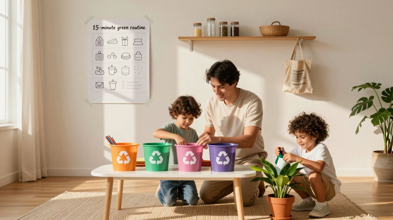 Pai e filhos organizam reciclagem com baldes coloridos numa sala luminosa e decorada com plantas e poster.