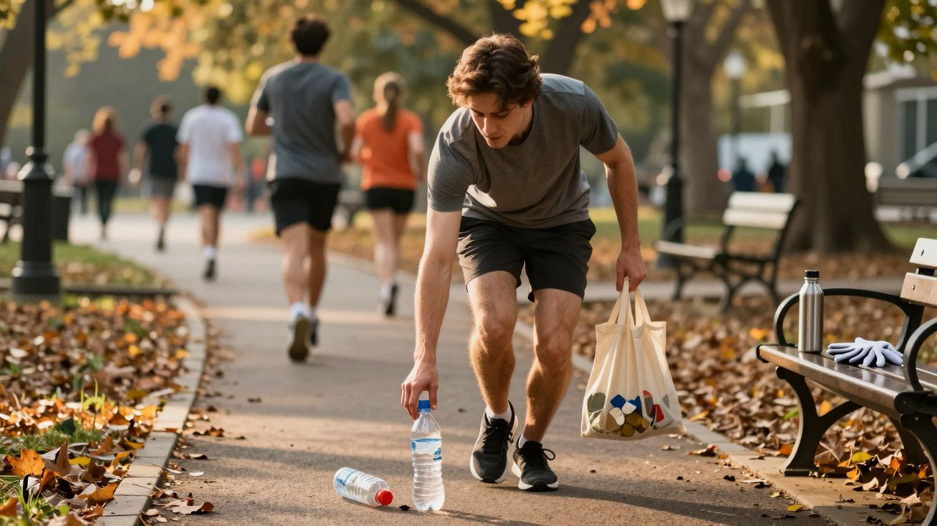 Homem apanha garrafa de plástico caída num parque com folhas de outono no chão e pessoas a caminhar ao fundo.