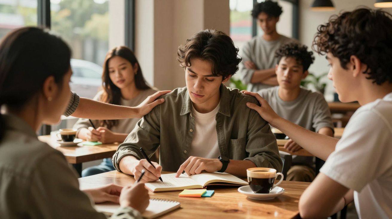 Grupo de jovens confortando colega preocupado enquanto estuda e escreve num caderno numa mesa de café.