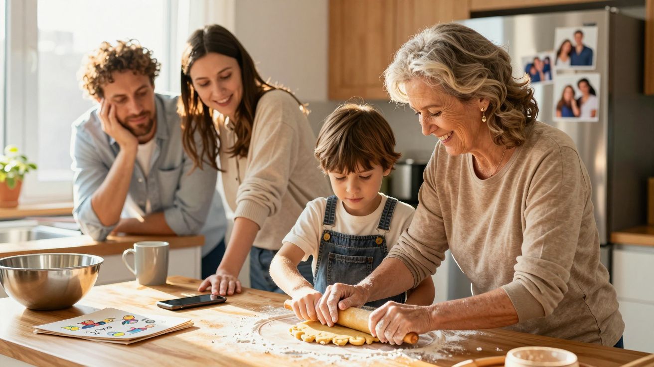 Avó e neto a amassar massa na cozinha enquanto mãe e pai os observam com sorriso.