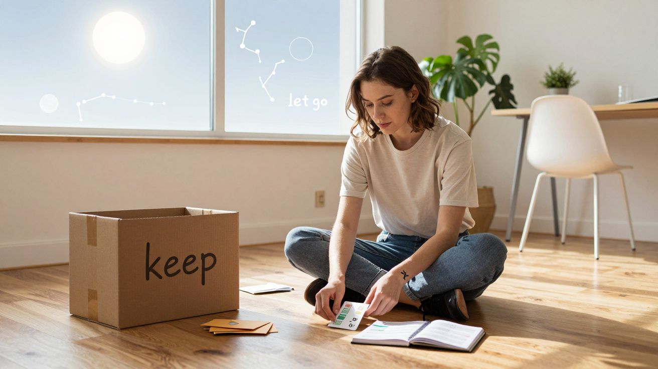 Mulher sentada no chão a organizar objetos, caixa "keep" ao lado e janela com palavras "let go".