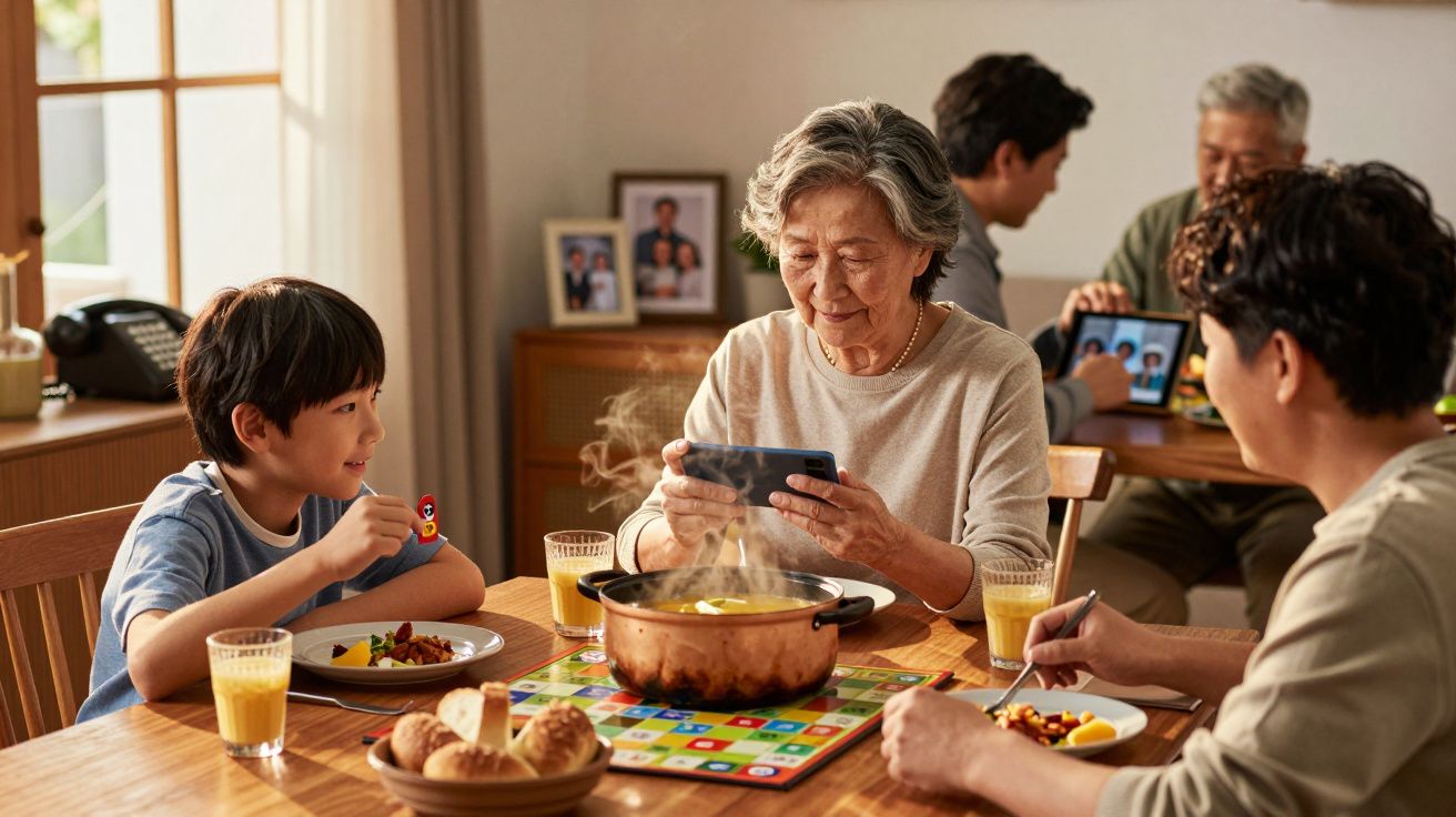 Família alegre reunida à mesa a jantar, com uma senhora a tirar foto à comida com o telemóvel.
