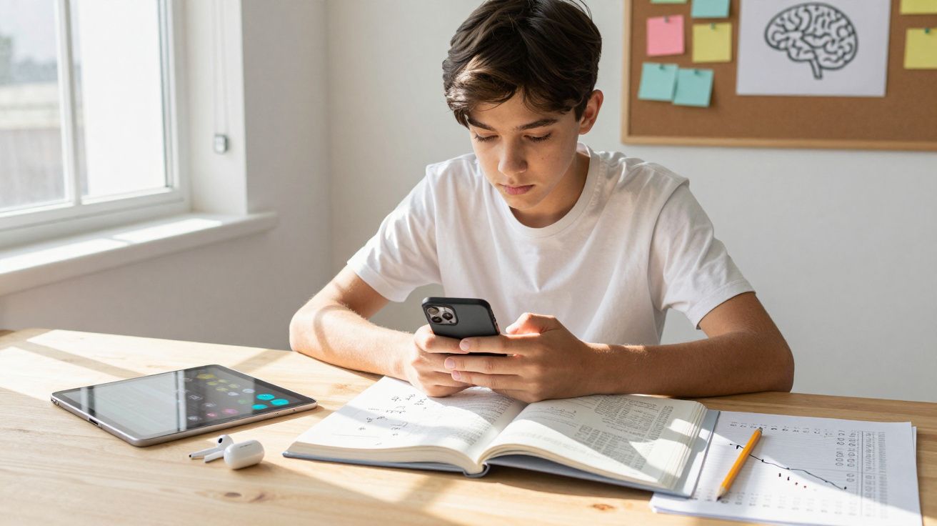 Rapaz sentado à mesa a estudar com livro aberto e a usar telemóvel, tablete e auscultadores ao lado.