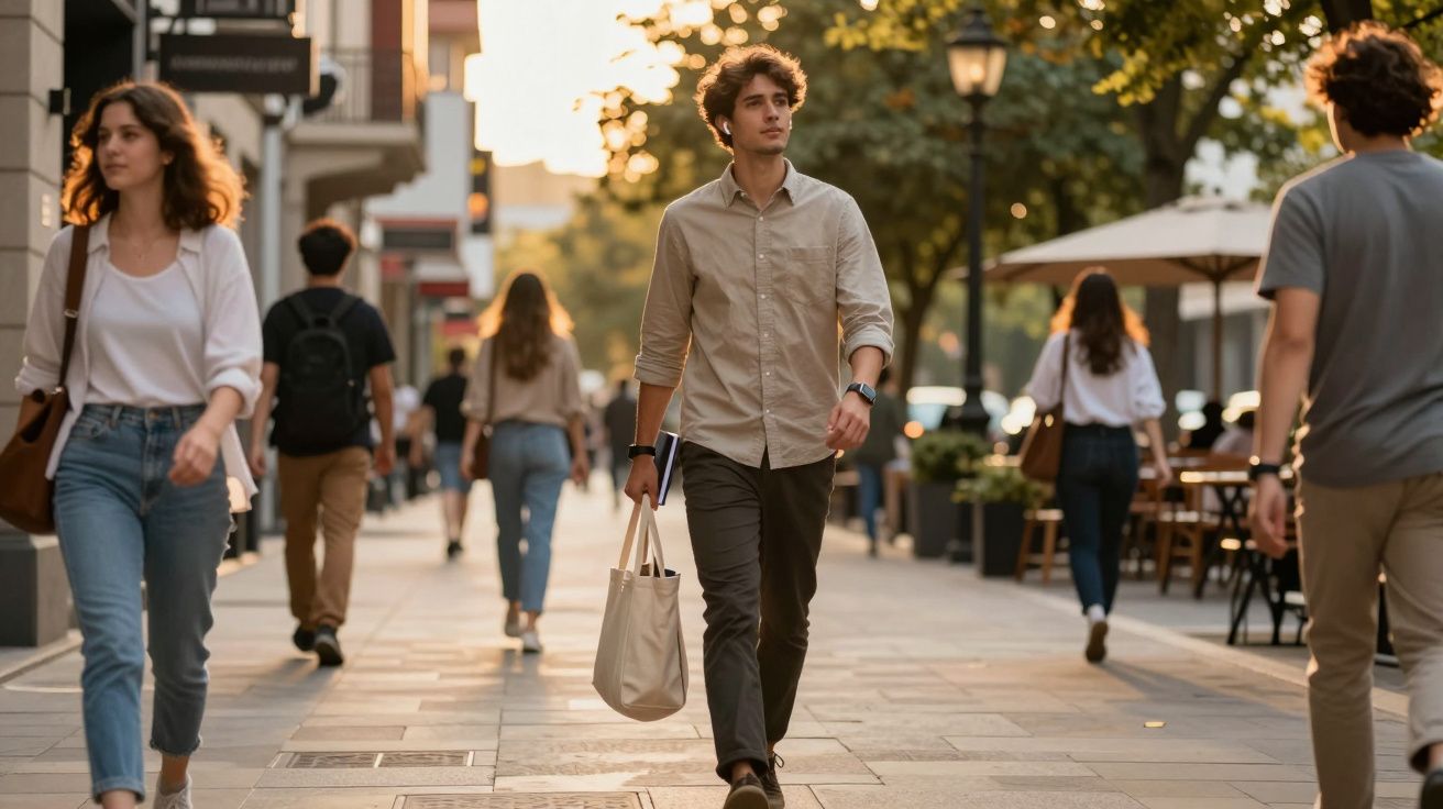 Jovens a caminhar numa avenida urbana iluminada pelo sol com árvores e lojas ao fundo.