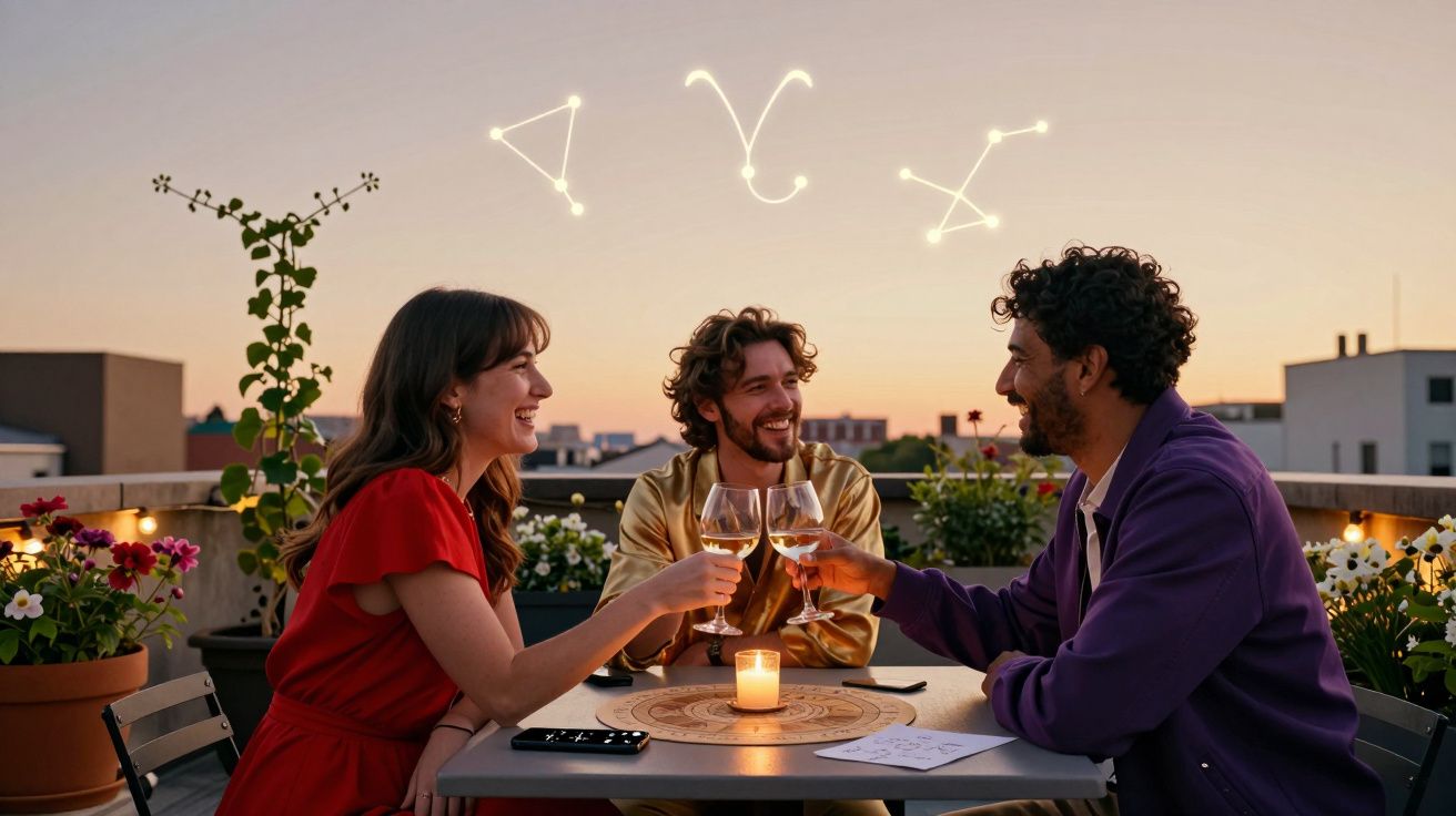 Três amigos brindam juntos ao pôr do sol numa varanda decorada com flores e velas.