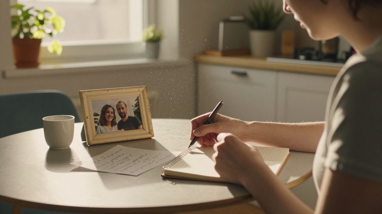 Pessoa escrita num caderno, com uma foto de casal em moldura e uma caneca numa mesa redonda iluminada pela luz natural.