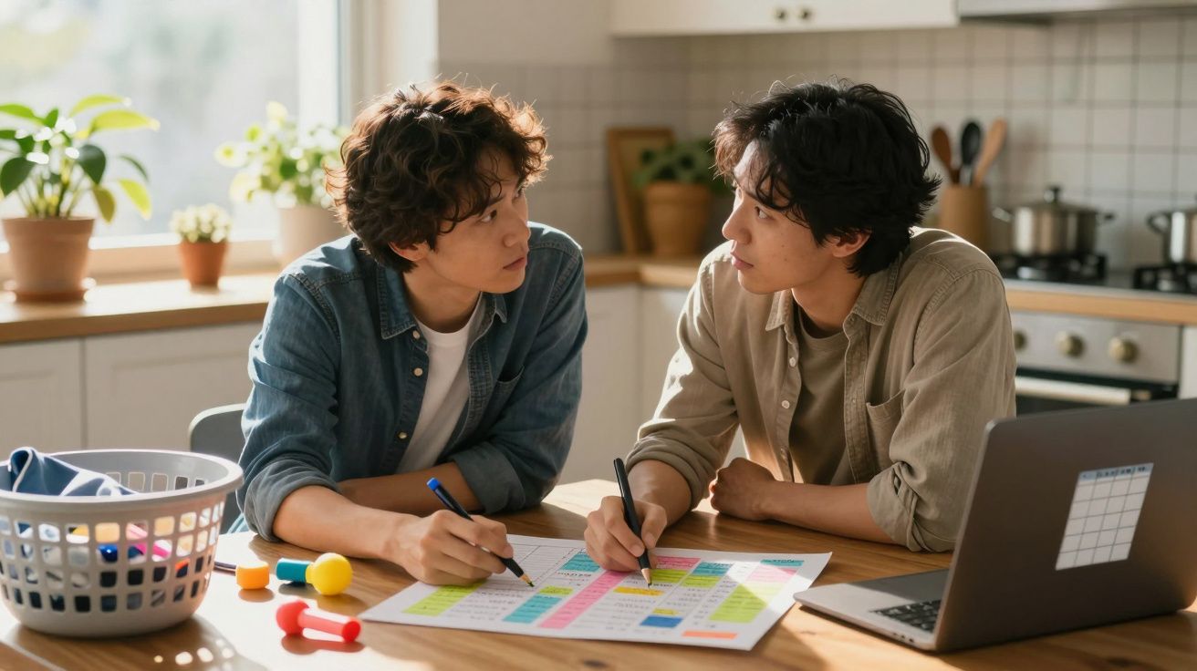 Duas pessoas a discutir e planear numa mesa com um calendário colorido e um computador portátil numa cozinha iluminada.