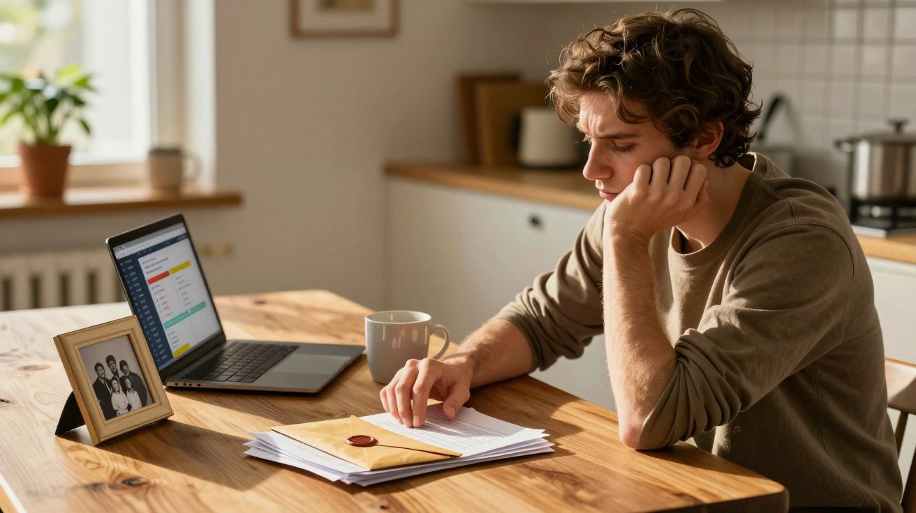 Jovem sentado a ler correspondência numa mesa de cozinha com computador aberto e fotografia de família.