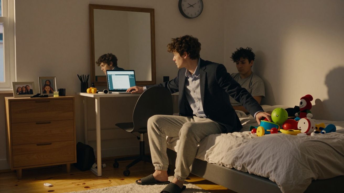 Dois jovens numa casa, um no computador e outro sentado na cama com brinquedos espalhados.