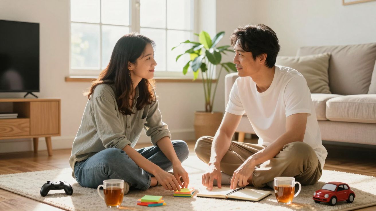 Casal sentado no chão da sala, a olhar-se sorrindo, com chá, brinquedos e notas à sua frente.