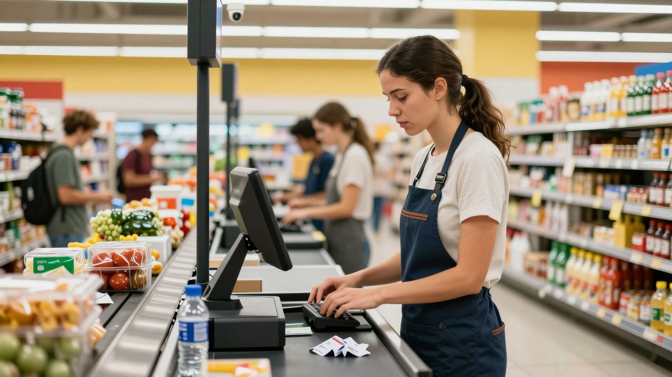 Jovem funcionária a operar caixa registadora num supermercado com clientes ao fundo.