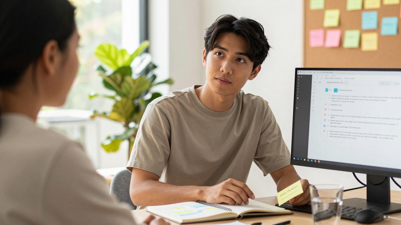 Dois jovens em conversa num escritório, com computador, caderno aberto e planta ao fundo.