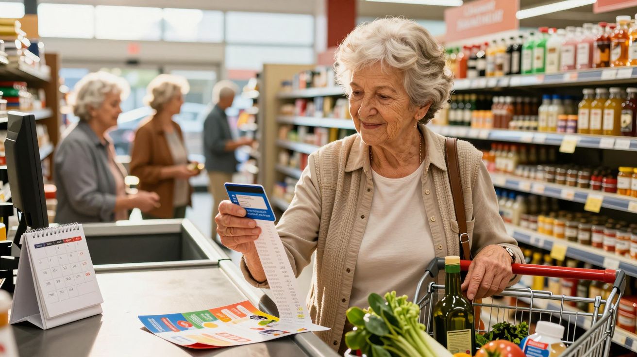 Mulher idosa a pagar compras no supermercado com carrinho cheio de alimentos frescos e garrafas.