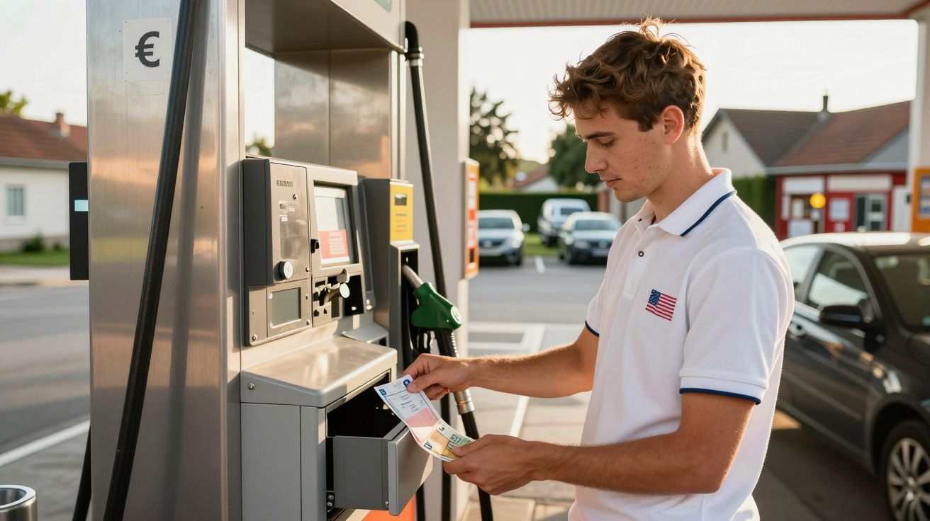 Homem jovem junto a bomba de combustível numa estação de serviço a retirar recibo.