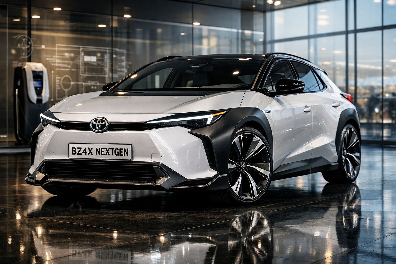 Carro elétrico Toyota BZ4X branco estacionado em showroom moderno com piso brilhante e carregador elétrico.