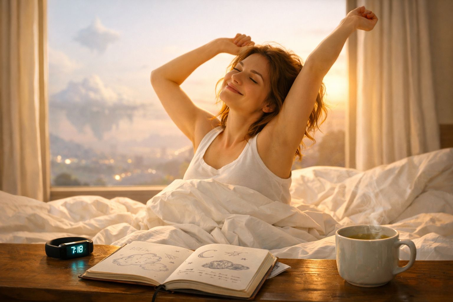 Mulher acorda sorridente na cama ao amanhecer, com livro e chá numa mesa à frente.