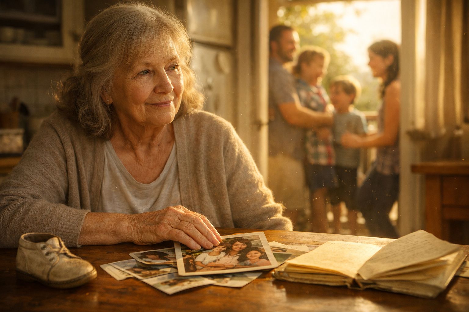 Mulher idosa a olhar com nostalgia para fotografias antigas enquanto uma família conversa ao fundo.