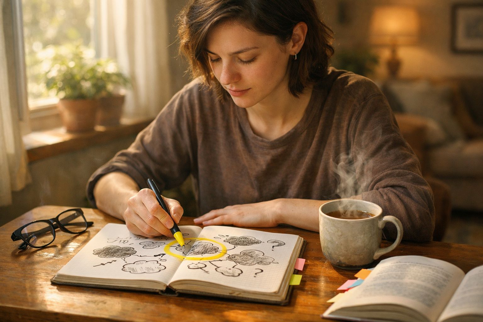 Mulher a marcar notas com marcador amarelo num caderno, com chá fumegante e óculos na mesa.