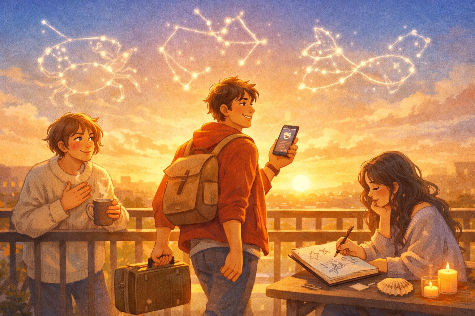 Três jovens numa varanda ao pôr do sol, com constelações brilhantes no céu e cadernos de desenho.