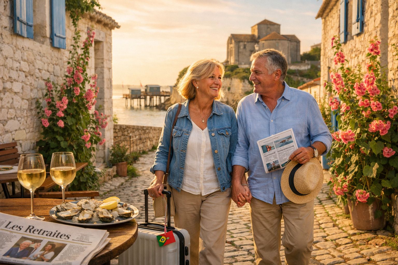 Casal maduro de férias a passear numa rua de pedra junto ao mar ao entardecer, sorrindo e de mãos dadas.