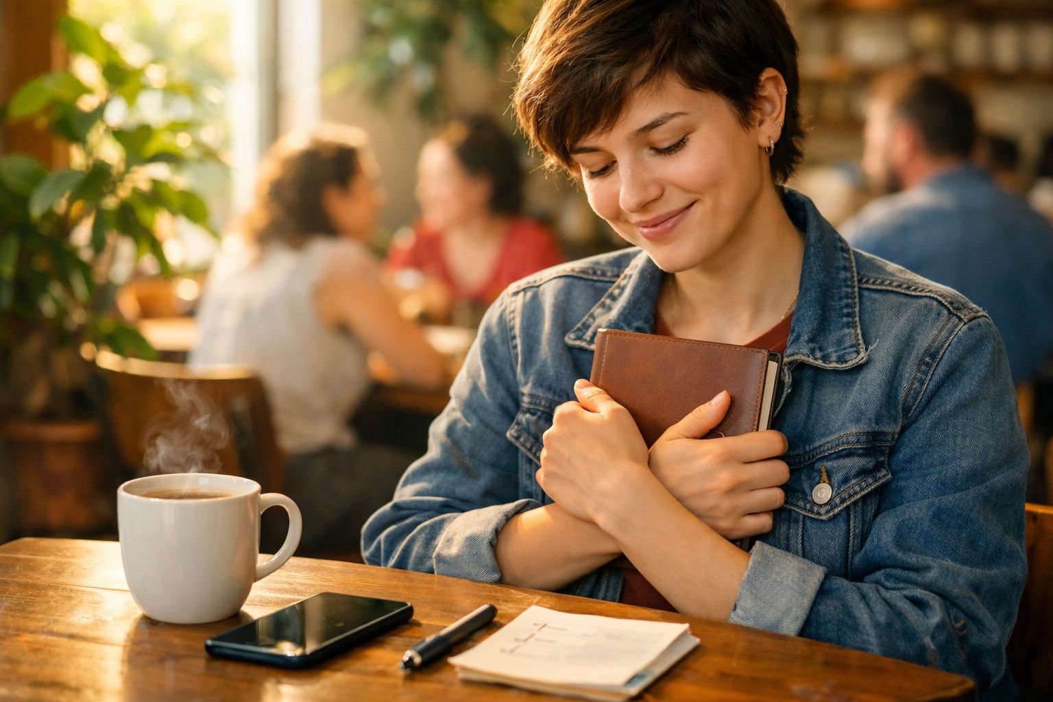 Mulher sorridente abraça um caderno sentada à mesa de café com chá quente, telemóvel e bloco de notas.