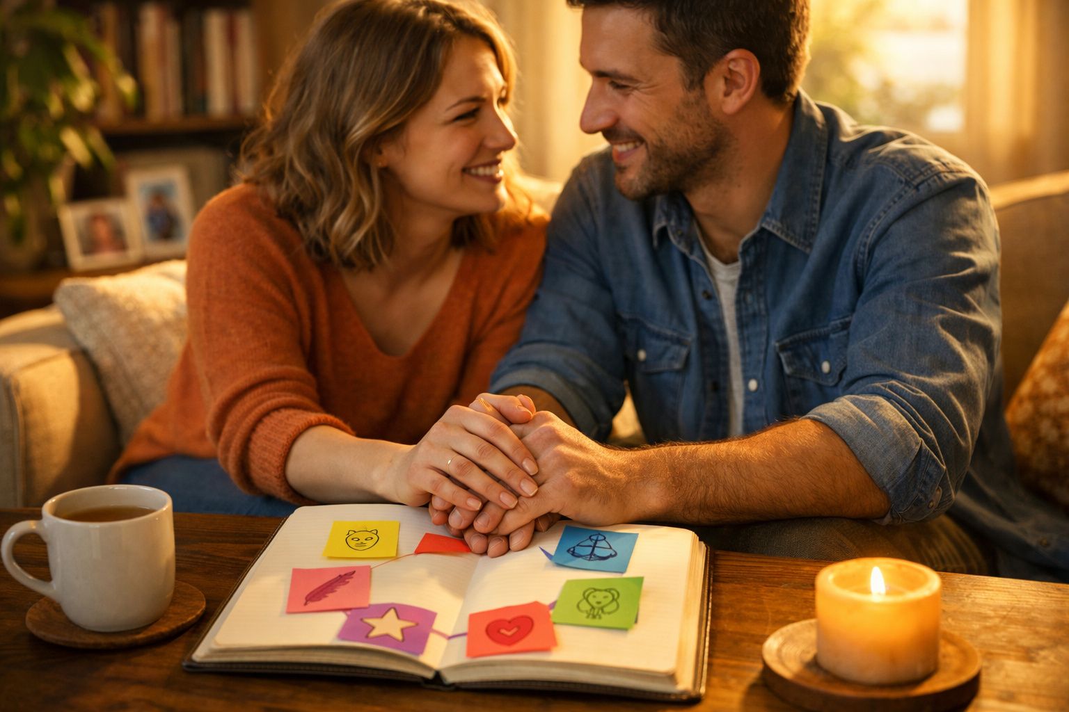 Casal sorridente de mãos dadas olhando-se com livro de recordações e velas num ambiente acolhedor.