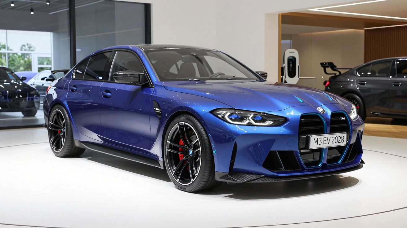 Carro desportivo BMW M3 elétrico azul exposto em showroom moderno com piso branco.