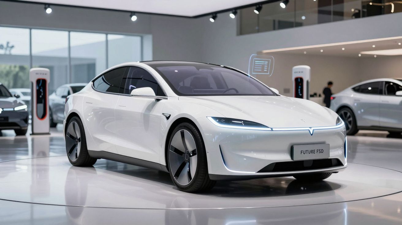 Carro eléctrico branco futurista Tesla exposto numa sala de showroom moderna com carregadores ao fundo.