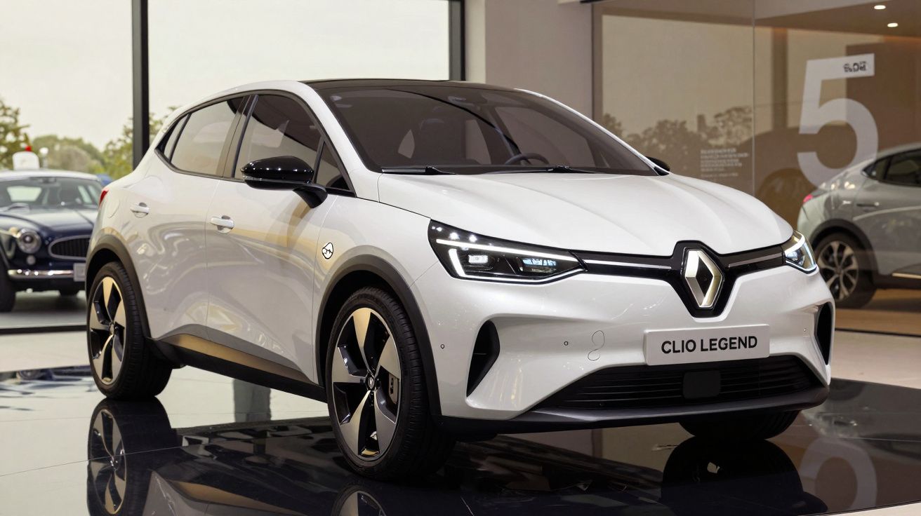 Carro Renault Clio Legend branco estacionado numa exposição moderna com iluminação natural.
