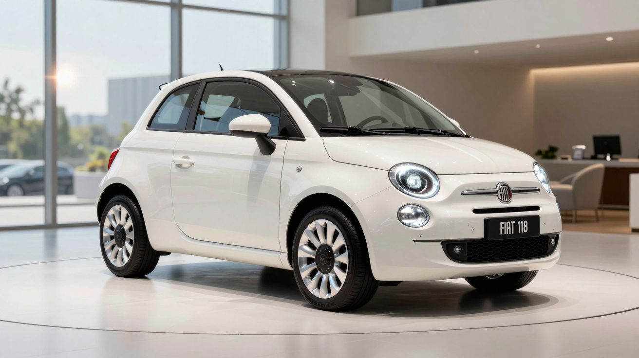 Automóvel Fiat 118 branco estacionado num showroom com luz natural a entrar pelas janelas grandes.