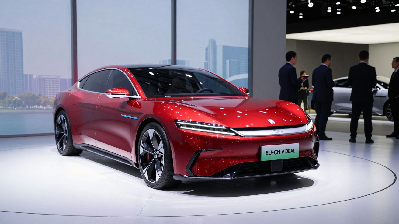 Carro desportivo elétrico vermelho exposto num salão automóvel com pessoas ao fundo.