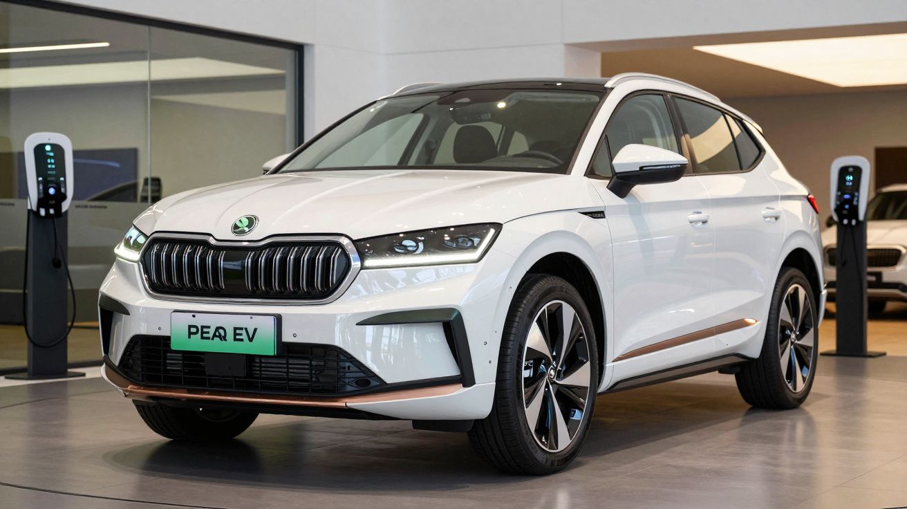Carro elétrico branco Škoda Enyaq iV estacionado em showroom com carregadores elétricos ao fundo.