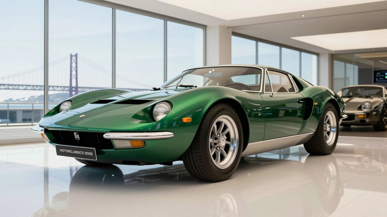 Carro desportivo clássico verde exposto em salão com janelas grandes e ponte ao fundo.