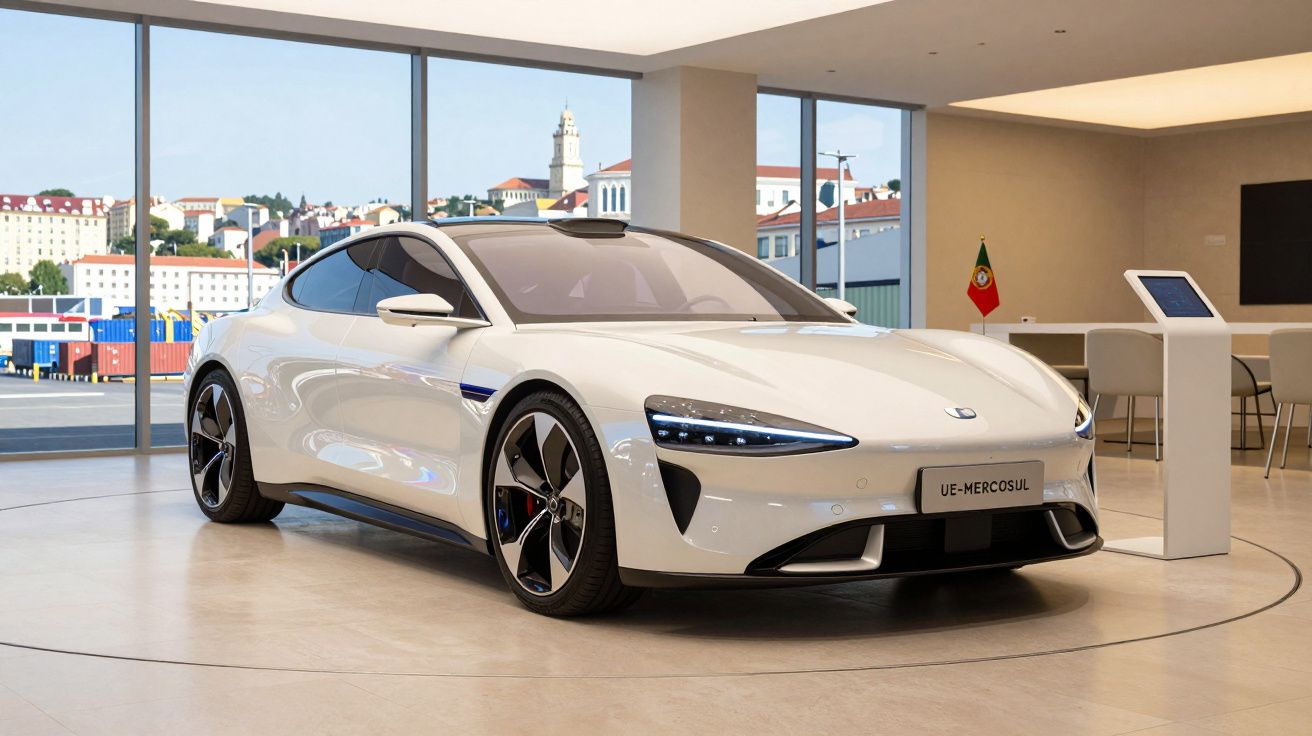 Carro desportivo eléctrico branco exposto em salão com janelas e vista urbana ao fundo.