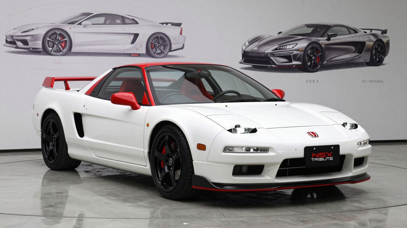 Carro desportivo Honda NSX branco com detalhes em vermelho estacionado em frente a desenhos de carros na parede.