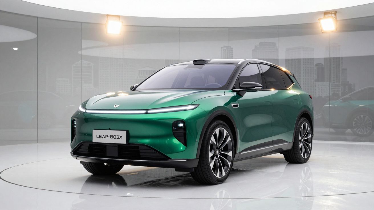 Carro elétrico verde LEAP-803X em exposição num espaço moderno com paredes de vidro e iluminação artificial.